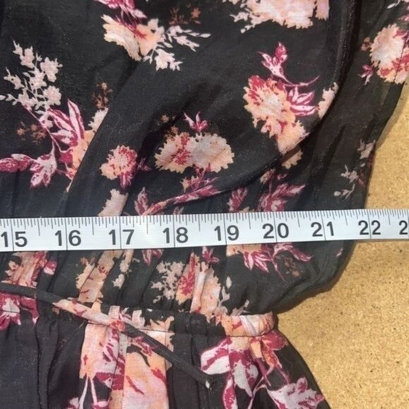 ASOS Dress Womens 14 Black Floral Puff Sleeve Midi Polyester Belted - Picture 12 of 13